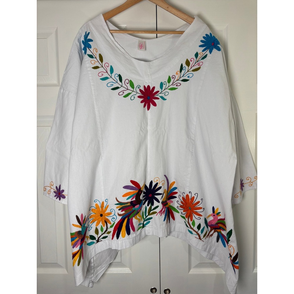 Nativa White Embroidered Mexican Tunic Top XL Floral Bird Otomi Boho